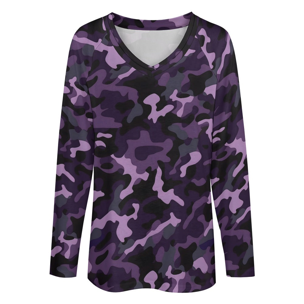 Purple Camo Women Long Sleeve Tshirt loose fit, Camouflage Relaxed V-neck Designer Graphic Aesthetic Ladies Female Tee Top Shirt Streetwear - Starcove Fashion
