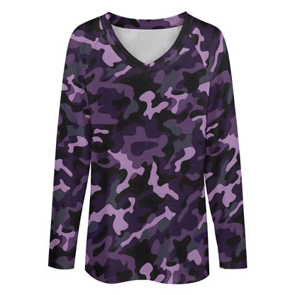 Purple Camo Women Long Sleeve Tshirt loose fit, Camouflage Relaxed V-neck Designer Graphic Aesthetic Ladies Female Tee Top Shirt Streetwear - Starcove Fashion