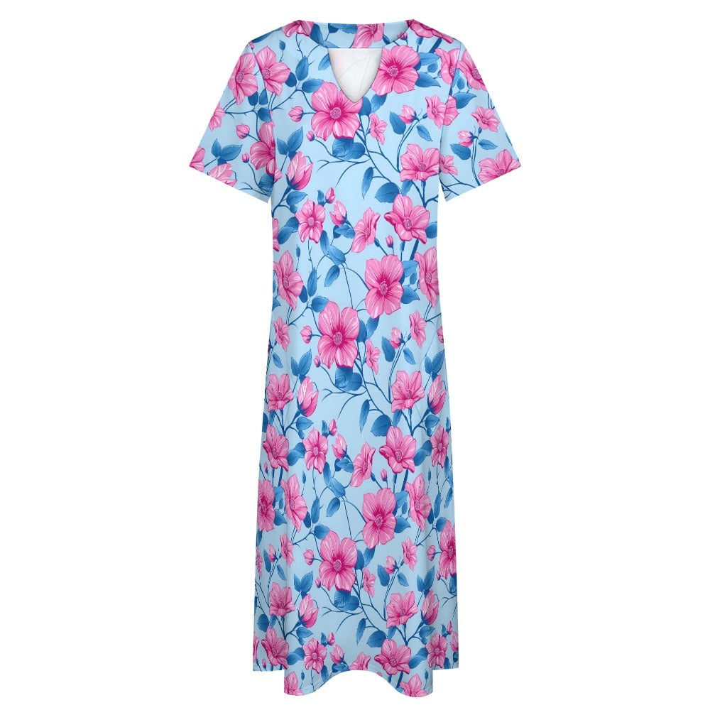 Pink Blue Floral Women Maxi Dress, Flowers V-Neck Print Short Sleeve Evening Summer Cocktail Ladies Handmade Designer Plus Size Pockets