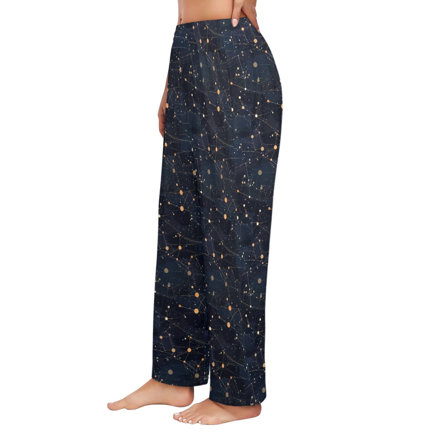 Constellation Women Pajamas Pants, Universe Space Galaxy Satin PJ Funny Pockets Trousers Couples Matching Ladies Trousers Bottoms