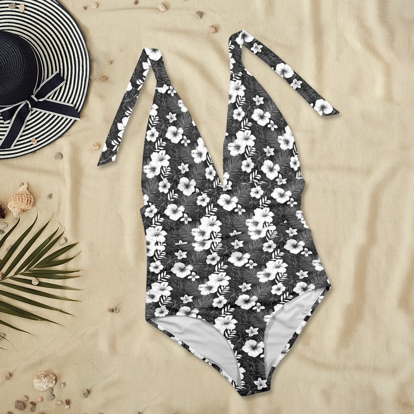 Black White One Piece Swimsuit Women, Floral Flowers Hibiscus Plunge Halter Backless Designer Swim Swimming Bathing Suits Ladies Swimwear