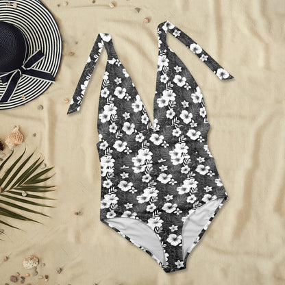Black White One Piece Swimsuit Women, Floral Flowers Hibiscus Plunge Halter Backless Designer Swim Swimming Bathing Suits Ladies Swimwear