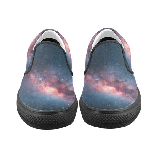 Galaxy Stars Women Slip On Shoes, Outer Space Universe Red Nebula Black Sneakers Canvas Vegan Casual Ladies Female Shoes