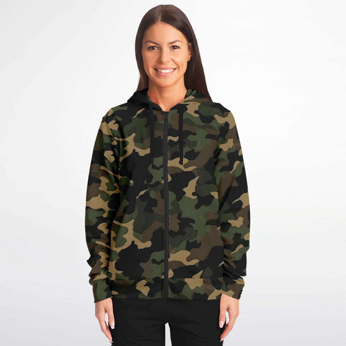 Brown Green Camo Zip Up Hoodie, Black Camouflage Full Zipper Pocket Men Women Unisex Adult Aesthetic Cotton Fleece Hooded Sweatshirt