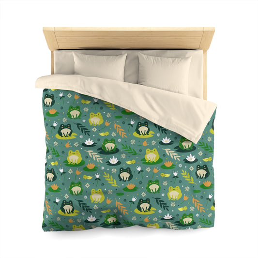 Frogs Duvet Cover, Cute Kawaii Animals Green Microfiber Full Queen King Twin XL Unique Bed Modern Bedding Bedroom Home Decor