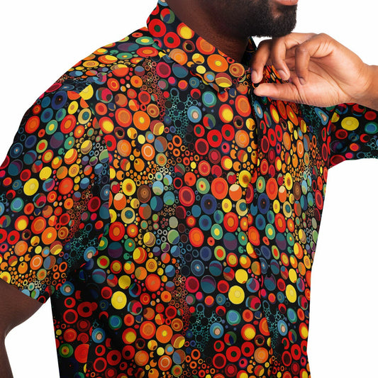 Psychedelic Men Button Up Shirt, Funky Red Colorful Fun Retro Vibrant Dot Art Vintage Short Sleeve Festival Down Guys Collared Designer