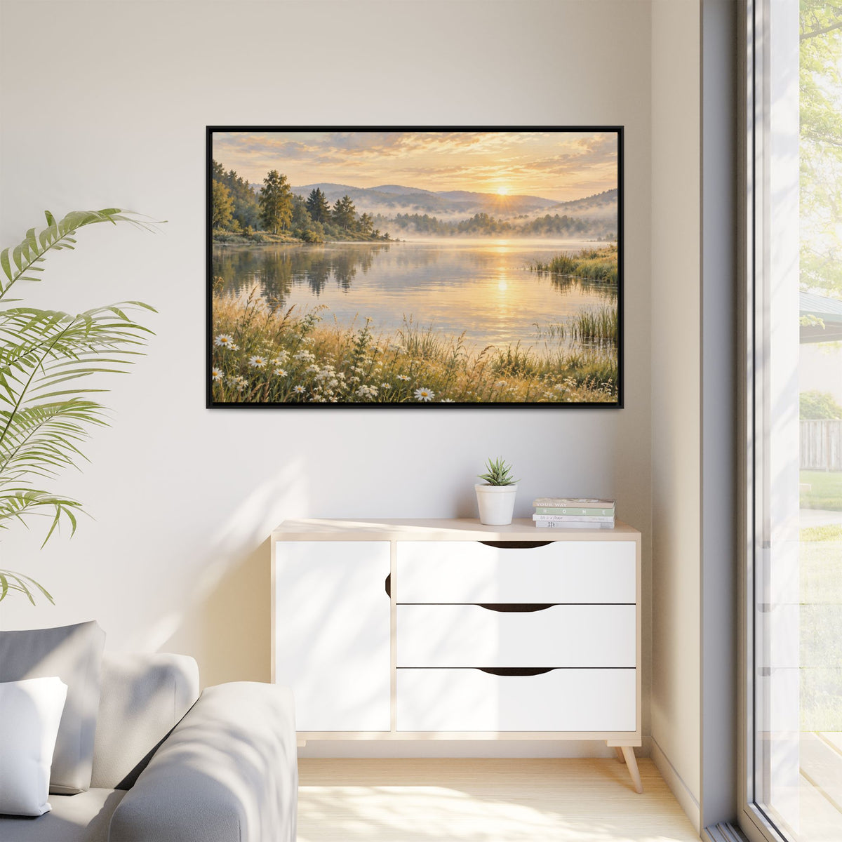 Misty Meadow Lake Wood Framed Canvas, Wildflower Farmhouse Wall Art Print Artwork Decor Small Large Hanging Matte Landscape Square Poster