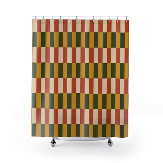 Mid Century Modern Shower Curtain, Retro Geometric Mustard Orange Olive Earth Tone Bathroom Decor Color Block Housewarming Gift 71" x 74"