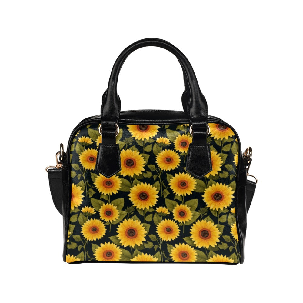 Sunflower Floral Purse Handbag, Yellow Floral Flowers Black Print Vegan Leather Designer Shoulder Satchel Top Handle Bag with Strap Zip