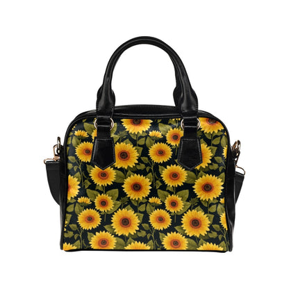 Sunflower Floral Purse Handbag, Yellow Floral Flowers Black Print Vegan Leather Designer Shoulder Satchel Top Handle Bag with Strap Zip