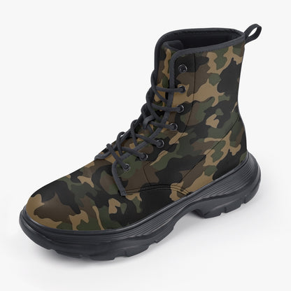 Camo Leather Chunky Boots, Camouflage Green Brown Lace Up Shoes Hiking Women Men Female Festival Black Ankle Combat Work Winter Casual Starcove Fashion