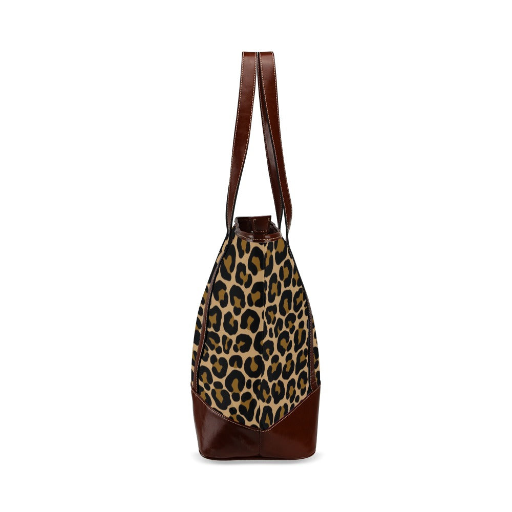 Leopard Canvas Tote Bag Zipper, Animal Print Waterproof Pockets Beach Pool Designer Fabric Shoulder Handbag Women Work Purse Travel Carry On - Starcove Fashion