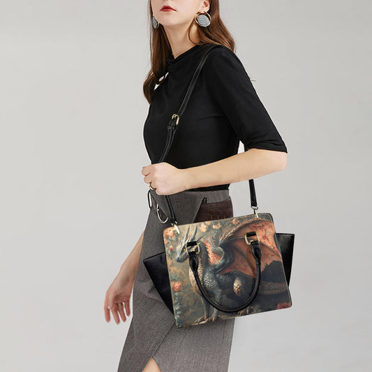 Dragon Purse Handbag, Fantasy Cottagecore Floral Vintage Vegan Leather Designer Women Ladies Satchel Top Zip Handle Bag Shoulder Strap