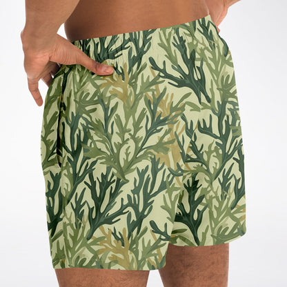 Seaweed Green Men Swim Trunks, Olive Mid Length Shorts Beach Surf Swimwear Male Pockets Mesh Lining Drawstring Bathing Suit Summer
