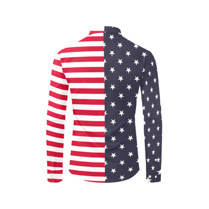 American Flag Men Button Up Shirt, Patriotic Stars Stripes Red White Long Sleeve Buttoned Down Collar Male Guys Casual Dress Chest Pocket