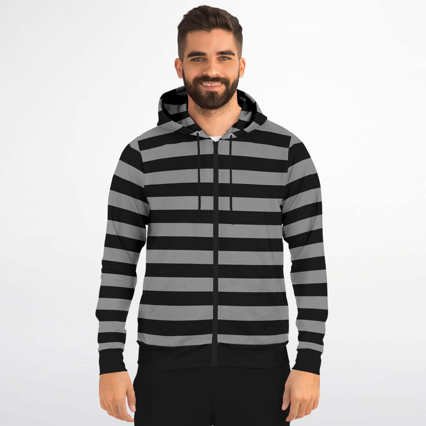 Black Grey Striped Zip Up Hoodie, Gray Stripes Full Zipper Pocket Men Women Unisex Adult Aesthetic Graphic Cotton Fleece Hooded Sweatshirt
