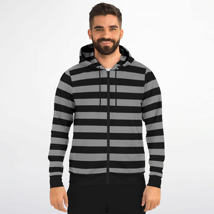 Black Grey Striped Zip Up Hoodie, Gray Stripes Full Zipper Pocket Men Women Unisex Adult Aesthetic Graphic Cotton Fleece Hooded Sweatshirt
