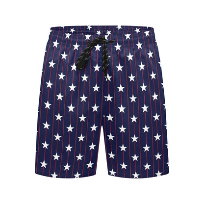 Preppy American Flag Stars Men Swim Trunks, Red White Blue Shorts USA Beach Pockets Mesh Lining Drawstring 4th of July Patriotic Plus Size - Starcove Fashion