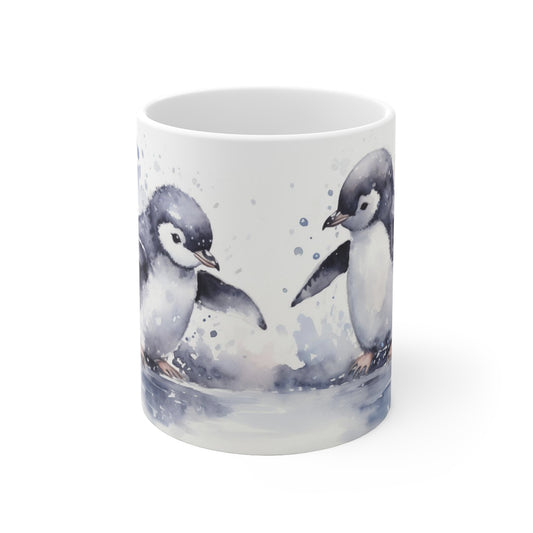Two Cute Penguins Coffee Mug, Watercolor Ceramic Cup Tea Chocolate Lover Unique Microwave Safe Novelty Cool Gift