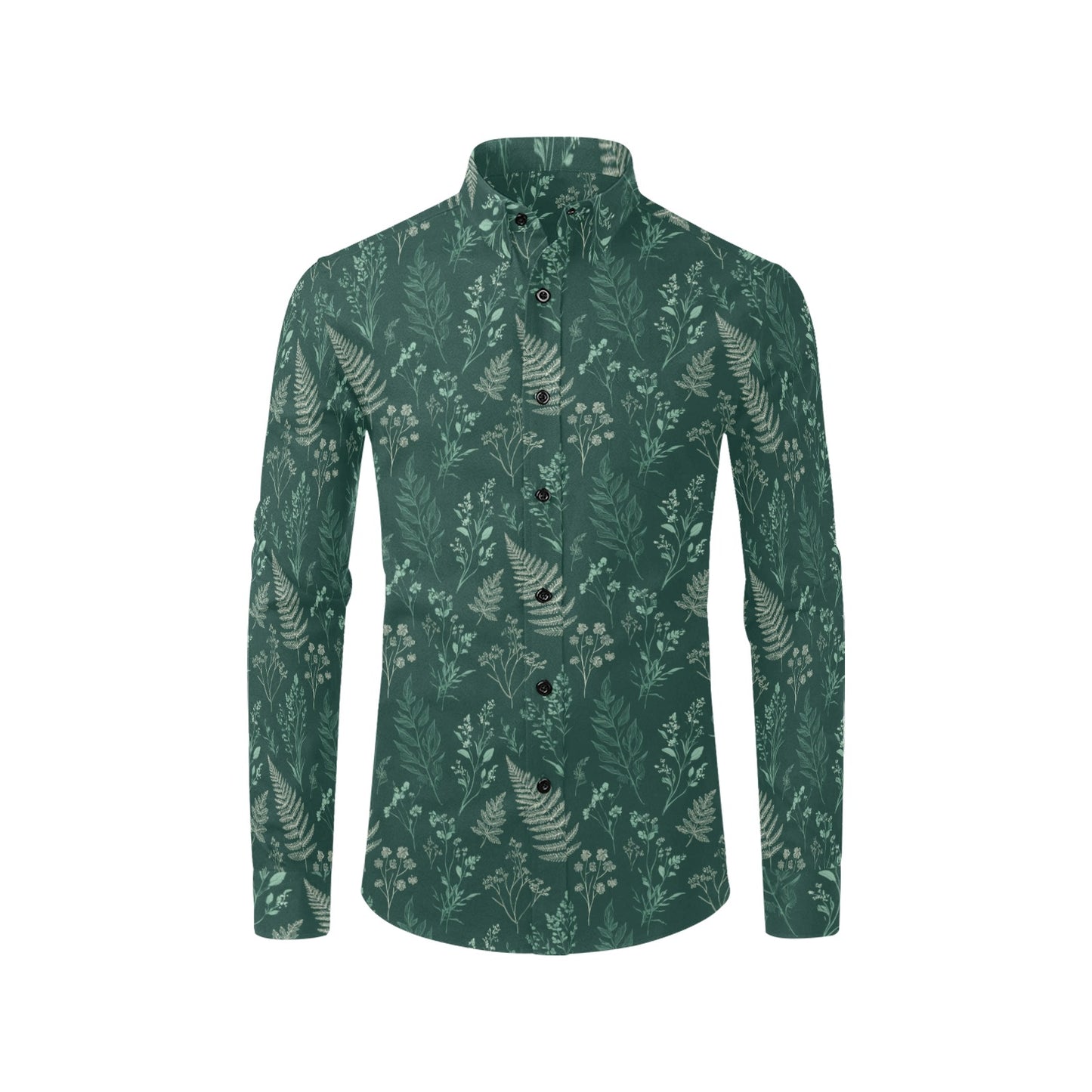 Dark Green Long Sleeve Men Button Up Shirt, Forest Fern Leaf Nature Outdoor Print Casual Dress Buttoned Collar Chest Pocket Lightweight Male - Starcove Fashion