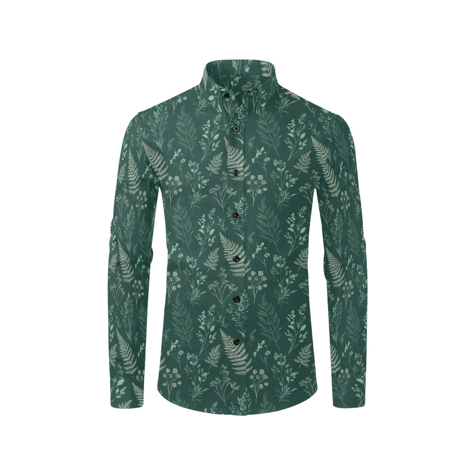 Dark Green Long Sleeve Men Button Up Shirt, Forest Fern Leaf Nature Outdoor Print Casual Dress Buttoned Collar Chest Pocket Lightweight Male - Starcove Fashion