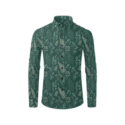 Dark Green Long Sleeve Men Button Up Shirt, Forest Fern Leaf Nature Outdoor Print Casual Dress Buttoned Collar Chest Pocket Lightweight Male - Starcove Fashion