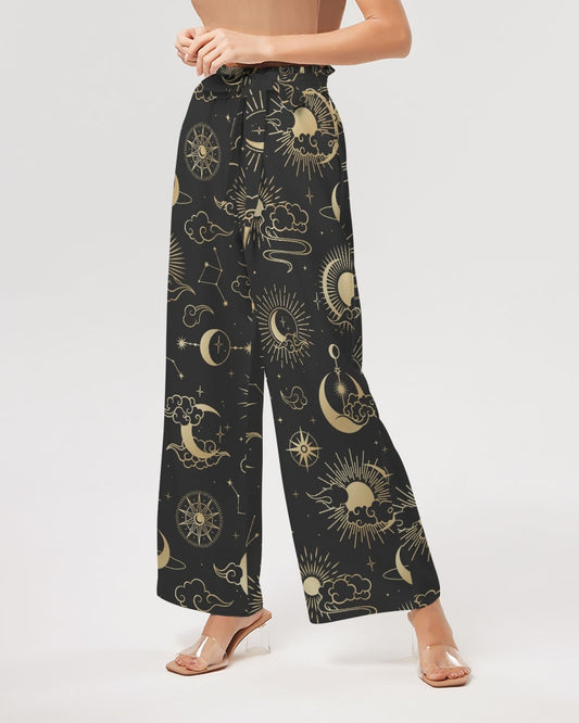 Sun Moon Women Wide Leg Pants Pockets, Constellation Celestial Space Yoga Trousers High Waisted Ladies Drawstring Lounge Flowy Work Summer