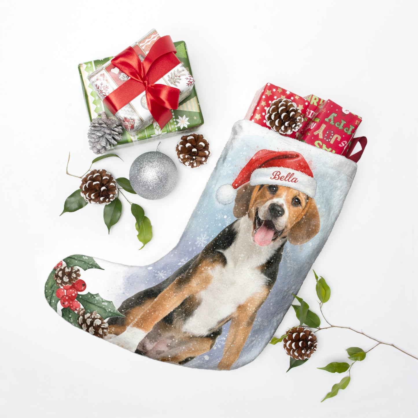 Custom Pet Christmas Stockings, Photo Cat Dog Puppy Portrait Personalized Name Snowflake Santa Claus Sock Xmas Vintage
