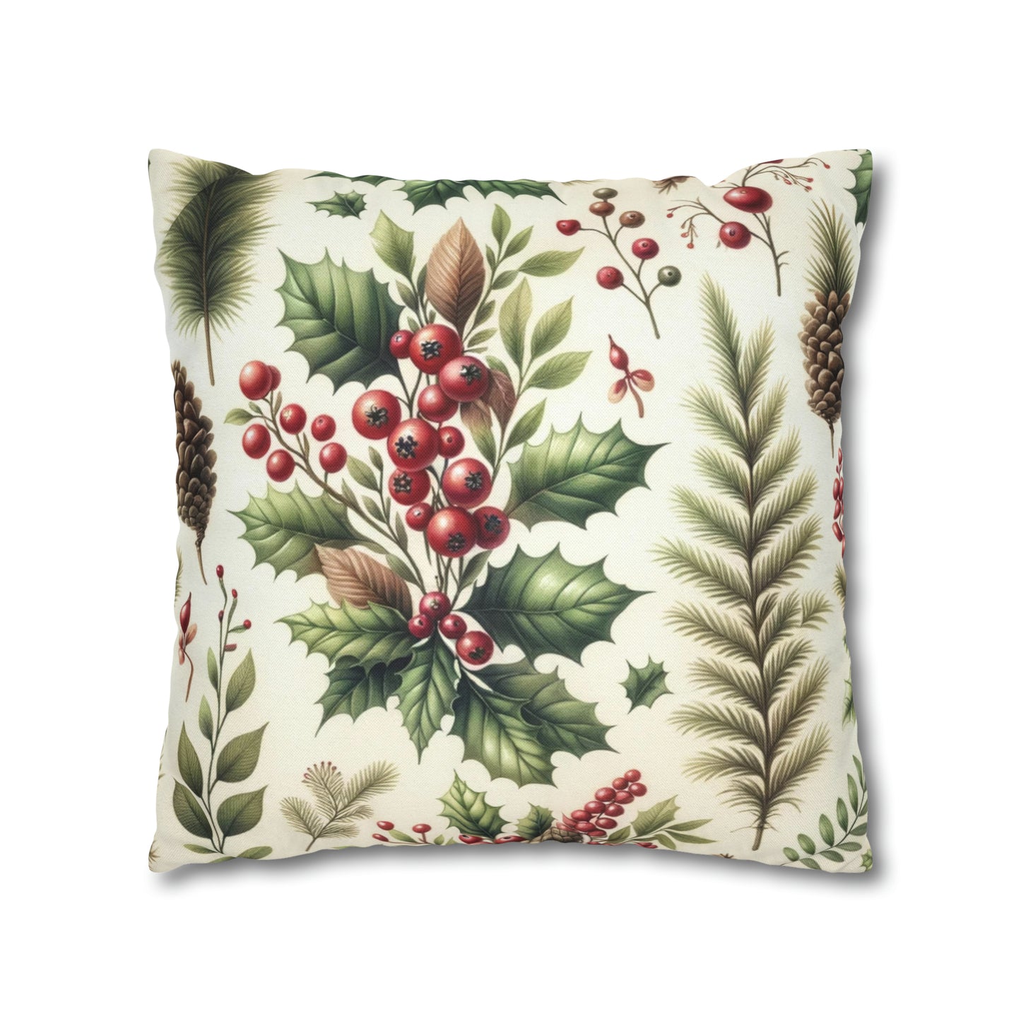 Festive Pine Cone Pillow Cover, Red Berries Botanical Christmas Xmas Watercolor Square Throw Decorative Cover Cushion 20 x 20 Zipper Holiday