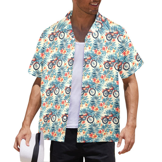 Motorcycle Men Hawaiian shirt, Bike Floral Leaves Beach Blue Cream Vintage Aloha Hawaii Retro Tropical Plus Size Pocket Guys Button Down