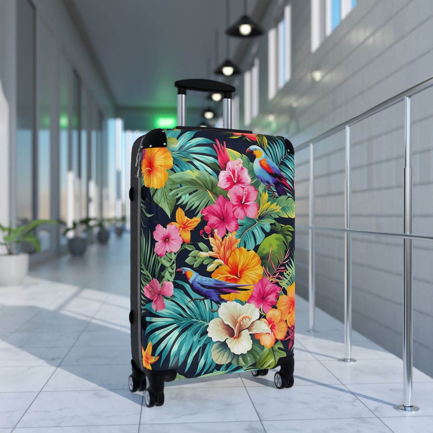 Tropical Flowers Suitcase Luggage, Pink Birds Parrot Carry On 4 Wheels Cabin Travel Small Large Set Rolling Spinner Designer Hard Shell Case - Starcove Fashion