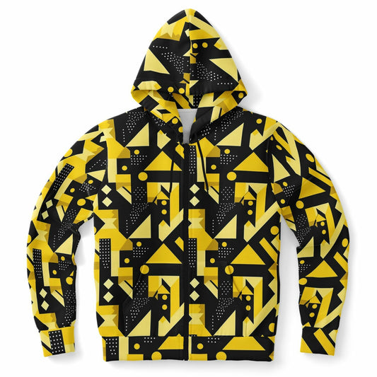 Black Yellow Zip Up Hoodie, Geometric Abstract Full Zipper Pocket Men Women Unisex Adult Designer Graphic Cotton Fleece Hooded Sweatshirt