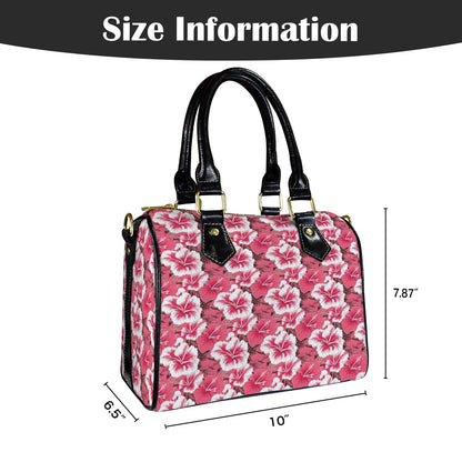Pink Hibiscus Purse Handbag, Floral Flowers Women Ladies Print Canvas and Leather Barrel Type Designer Accessory Shoulder Crossbody Bag Gift