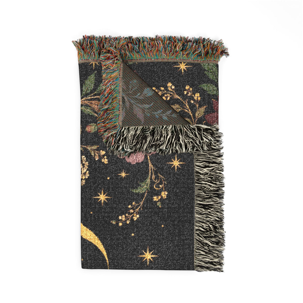 Dark Botanical Floral Woven Throw Blanket Tapestry, Crescent Moon Celestial Cotton Fringe Warm Adult Kids Small Large Bed 50x60 Wall Hanging