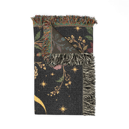 Dark Botanical Floral Woven Throw Blanket Tapestry, Crescent Moon Celestial Cotton Fringe Warm Adult Kids Small Large Bed 50x60 Wall Hanging