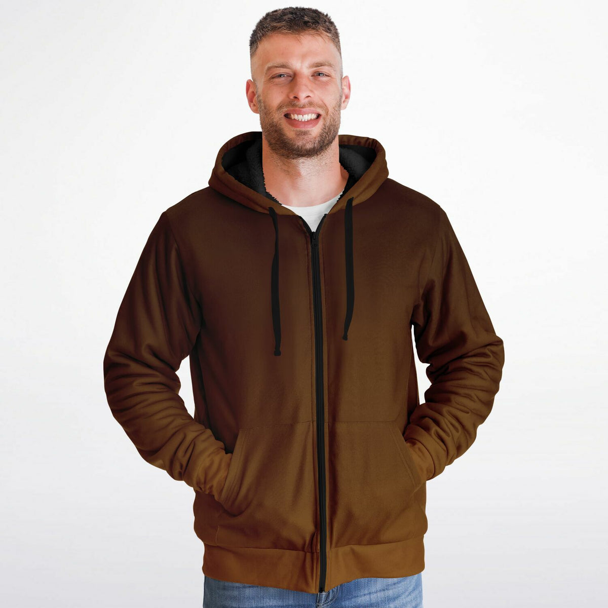 Brown Ombre Zip Up Fleece Lined Hoodie, Gradient Heavyweight Full Zipper Pocket Men Women Unisex Aesthetic Graphic Hooded Sweatshirt Jacket