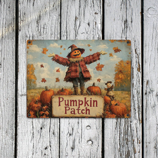 Pumpkin Patch Vintage Metal Tin Signs, Scarecrow Fall Autumn Harvest Farmhouse Landscape Retro Wall Hanging Garage Tacker Outdoors Exterior