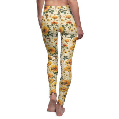 Honey Bees Floral Leggings Women Ladies, Yellow Flowers Printed Yoga Pants Cute Spring Workout Running Gym Fun Designer Tights Gift