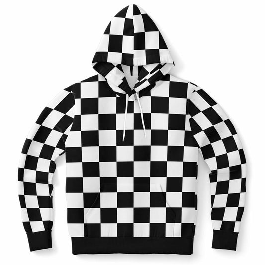 Checkered Hoodie, Black and White Check Racing Plaid Pullover Men Women Adult Aesthetic Graphic Cotton Hooded Sweatshirt with Pockets