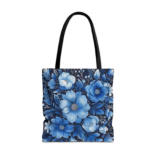 Blue Floral Tote Bag, Navy Flowers Cute Canvas Shopping Small Large Travel Reusable Aesthetic Shoulder Bag Purse