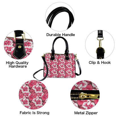 Pink Hibiscus Purse Handbag, Floral Flowers Women Ladies Print Canvas and Leather Barrel Type Designer Accessory Shoulder Crossbody Bag Gift