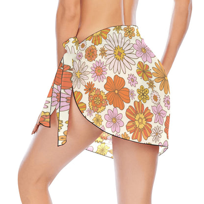 Pink Floral Sarong Wrap Skirt, Orange Flowers Print Women Bikini Bottom Cover Up Beach Front Sexy Coverup Swimwear Side Tie Short Mini Swim - Starcove Fashion