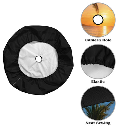 Beach Spare Tire Cover, Sunset Backup Camera Hole Rear Wheel Accessories Sun Tropical Palm Trees Waves Custom Unique Trailer Camper RV Back
