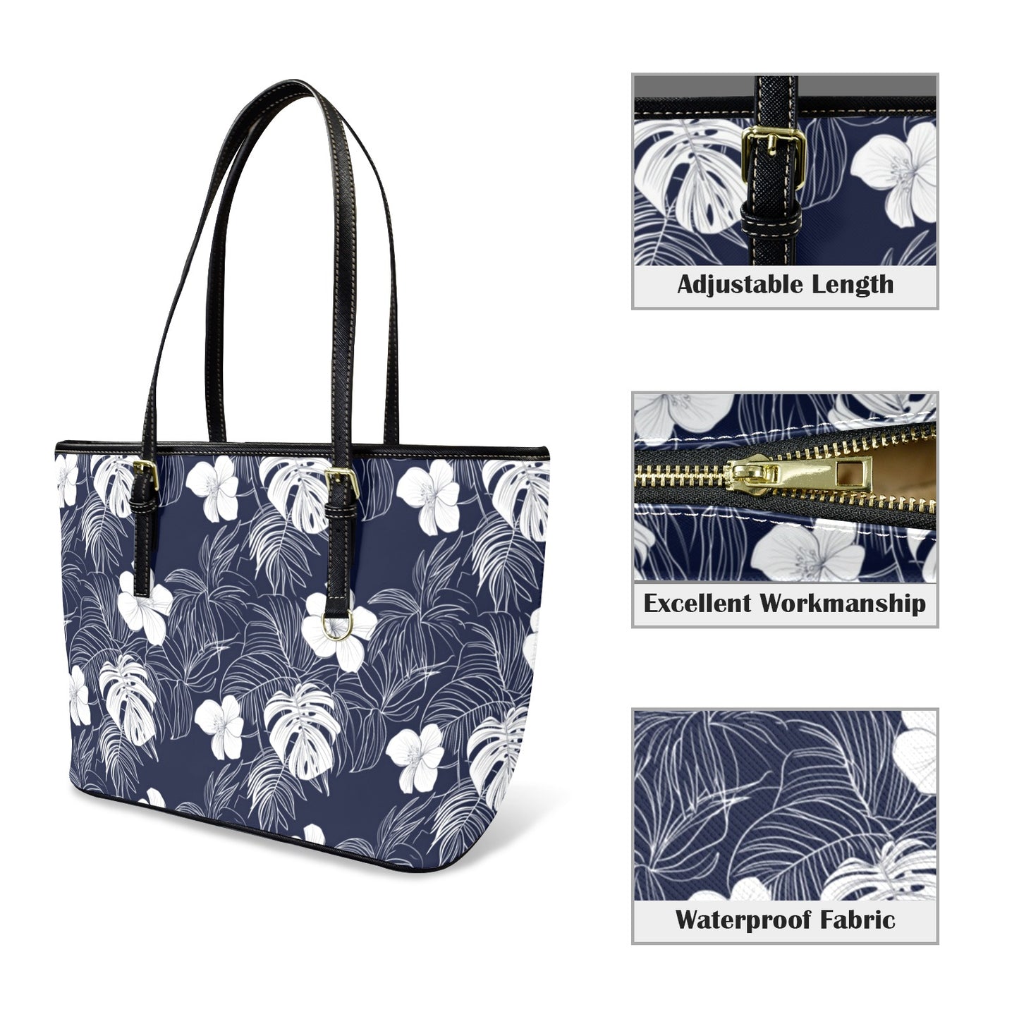 Navy Blue White Floral Tote Bag Purse, Hibiscus Flowers Art Women Vegan Leather Handbag  Zip on Top Designer Handmade Shoulder Ladies Bag