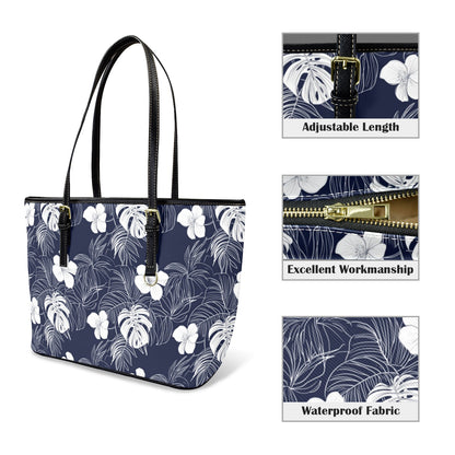 Navy Blue White Floral Tote Bag Purse, Hibiscus Flowers Art Women Vegan Leather Handbag  Zip on Top Designer Handmade Shoulder Ladies Bag