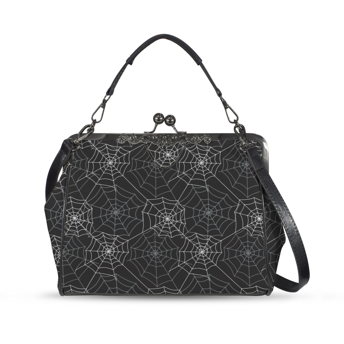 Spiderweb Kiss Lock Purse Handbag, Black Witchy Gothic Dark Print Vegan Leather Vintage Designer Shoulder Crossbody Top Handle Clasp Bag