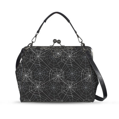Spiderweb Kiss Lock Purse Handbag, Black Witchy Gothic Dark Print Vegan Leather Vintage Designer Shoulder Crossbody Top Handle Clasp Bag