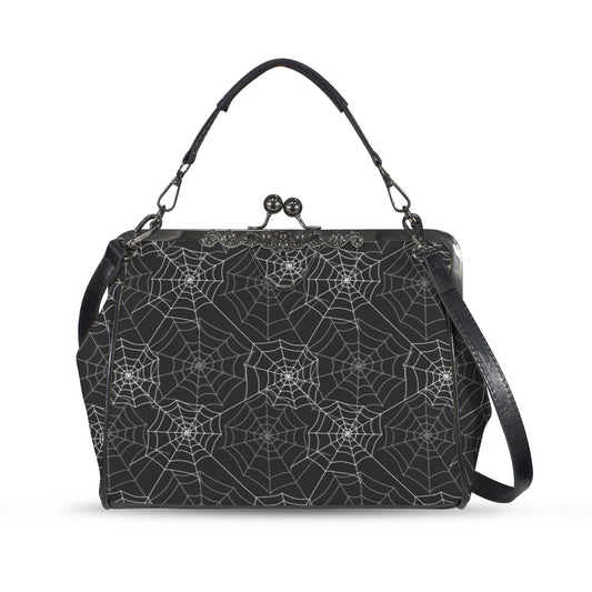 Spiderweb Kiss Lock Purse Handbag, Black Witchy Gothic Dark Print Vegan Leather Vintage Designer Shoulder Crossbody Top Handle Clasp Bag