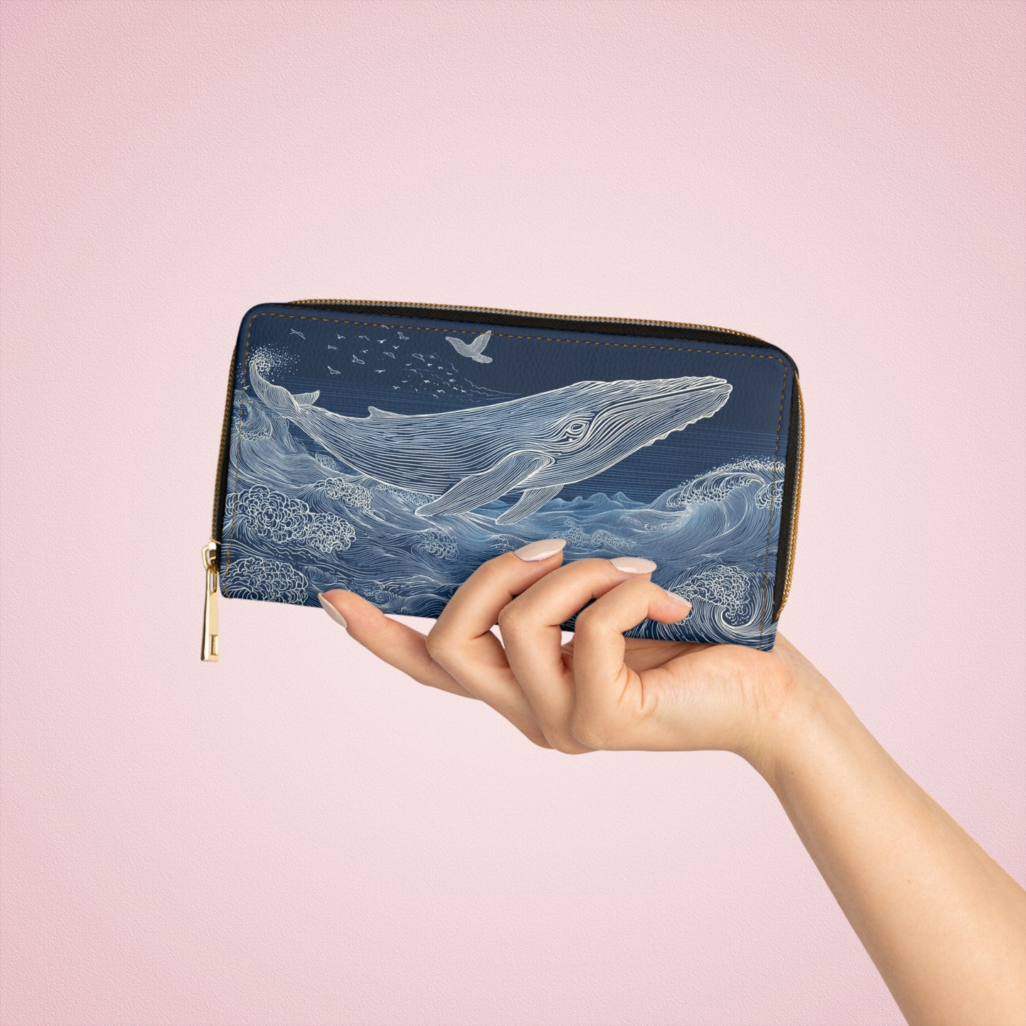 Blue Whale Leather Wallet Women, Ocean Japanese Waves Sea Vegan Zipper Zip Around Coins Credit Cards Pocket Cash Ladies Pouch Clutch Purse