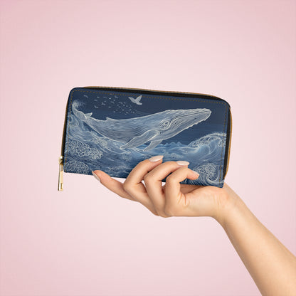 Blue Whale Leather Wallet Women, Ocean Japanese Waves Sea Vegan Zipper Zip Around Coins Credit Cards Pocket Cash Ladies Pouch Clutch Purse